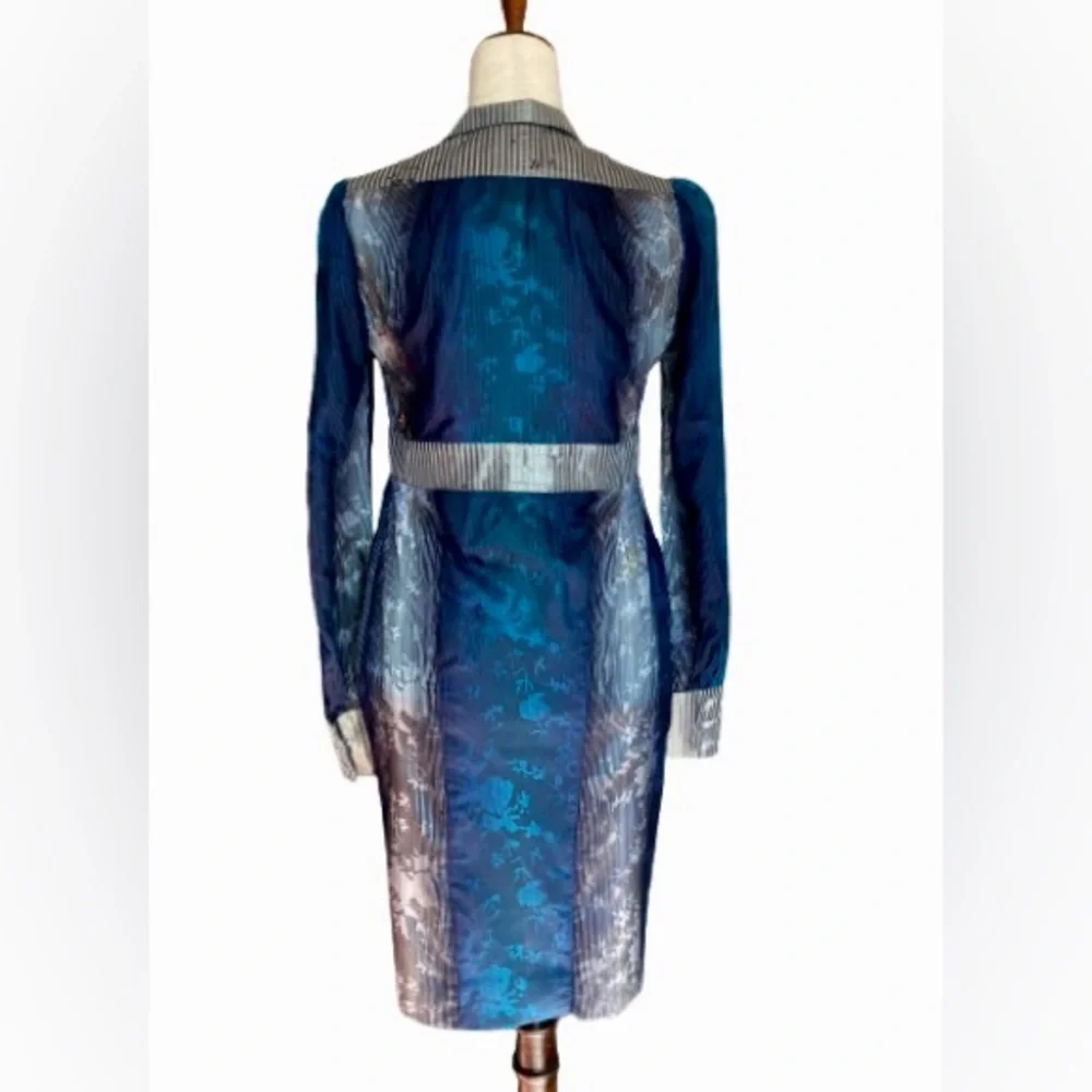 SOLD Matthew Williamson Silk & Wool Blend Blue/Silver Button Down Shirt Dress, - Picture 4 of 8